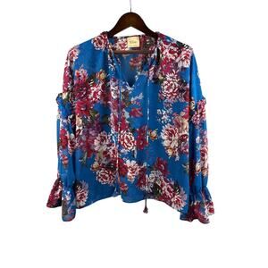Women’s Elie. Large Blue Floral Long Sleeve Blouse